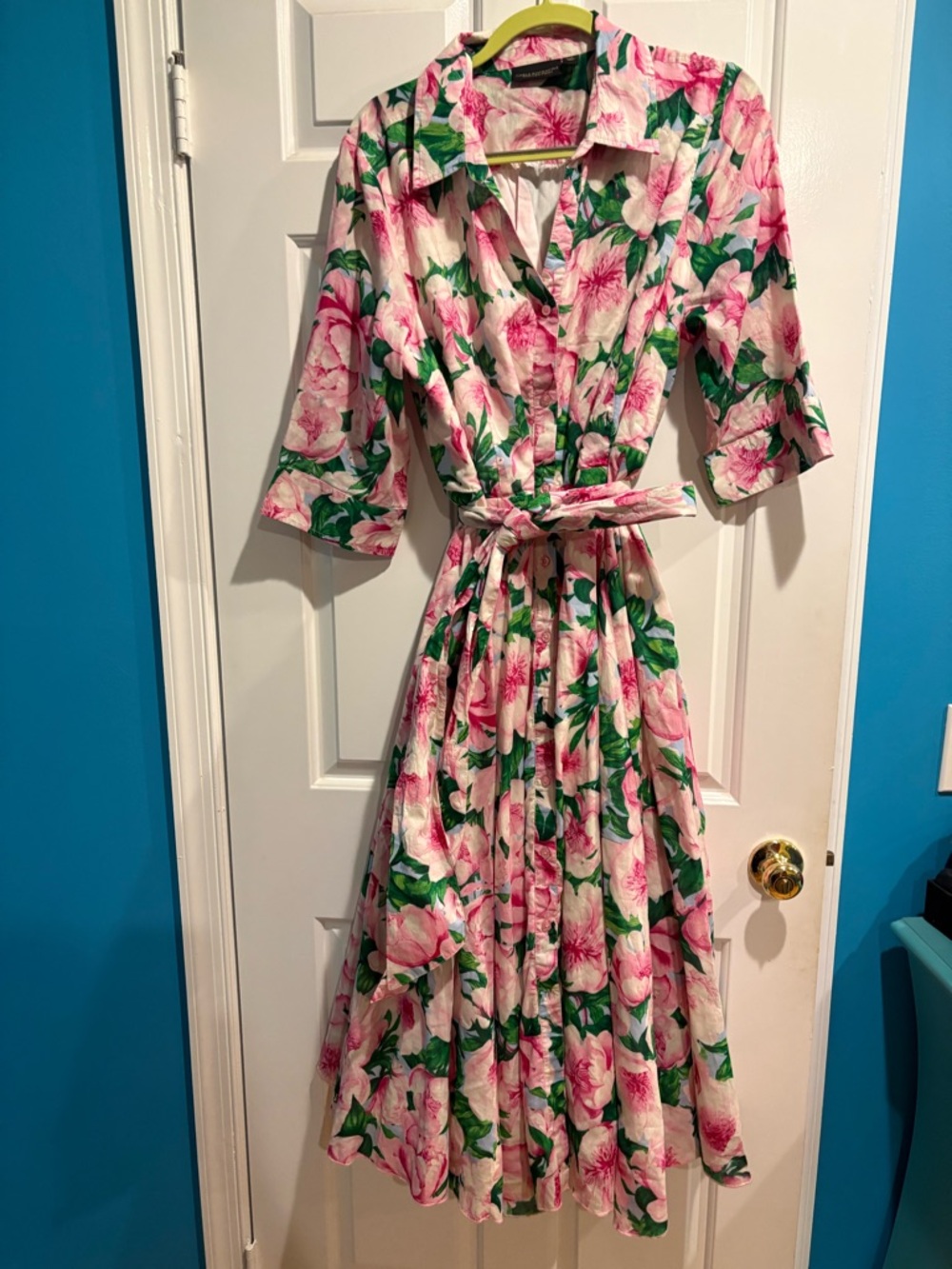 Carla Rockmore  pink peonies  floral cotton shirtdress tie waist XLP - Picture 2 of 7